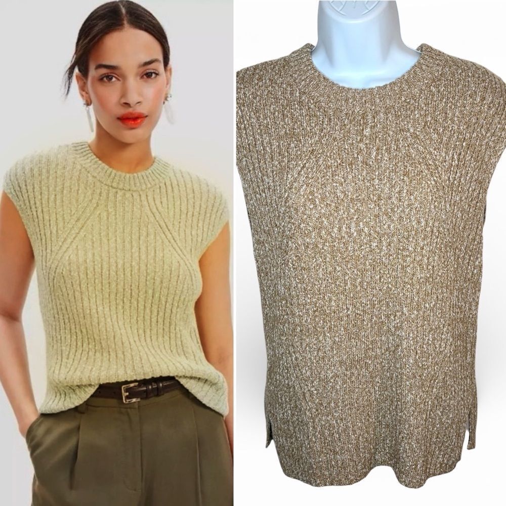 LOFT Women's Textured Ribbed Knit Muscle Sleeveless Sweater Marled Cream Tan S